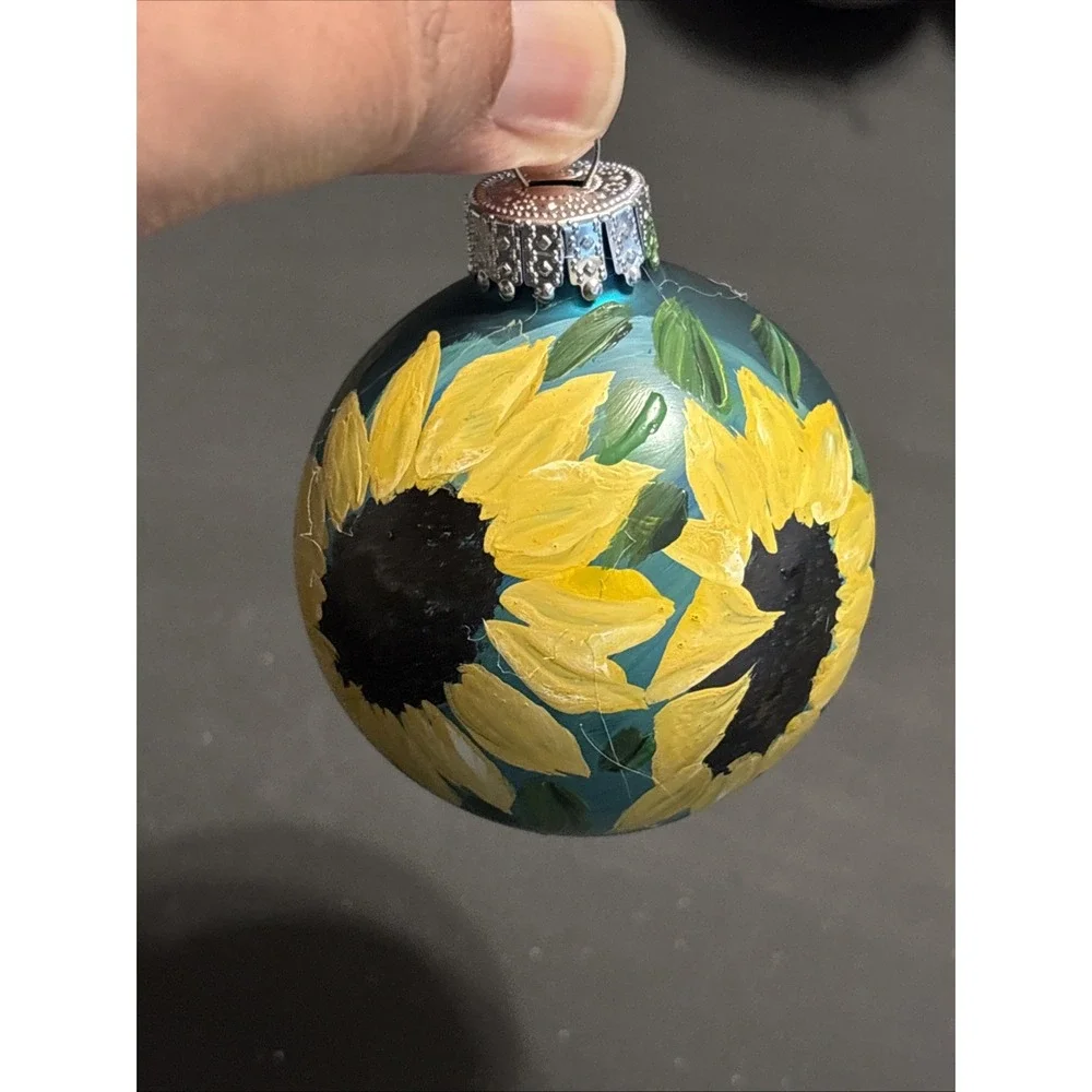 Lot of 5 Hand Painted Glass Sunflower Christmas Ornaments Thanksgiving Holidays